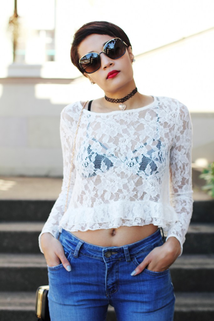 fashion blogger wearing fur shoes and lace top and cotton on THE WANTED DENIM 11