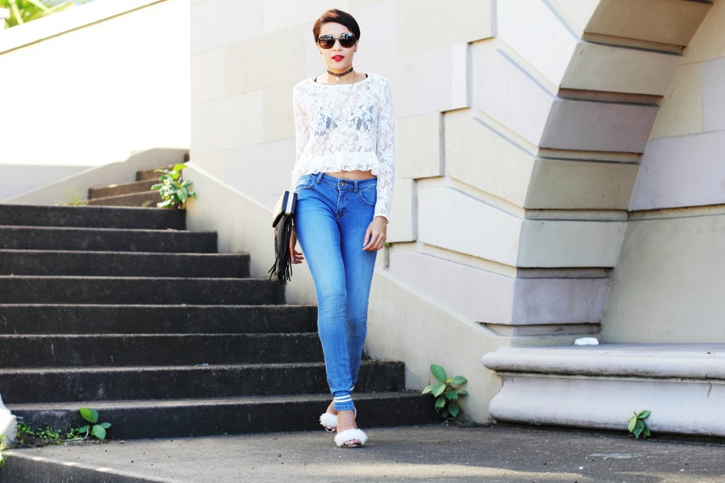 fashion blogger wearing fur shoes and lace top and cotton on THE WANTED DENIM 23
