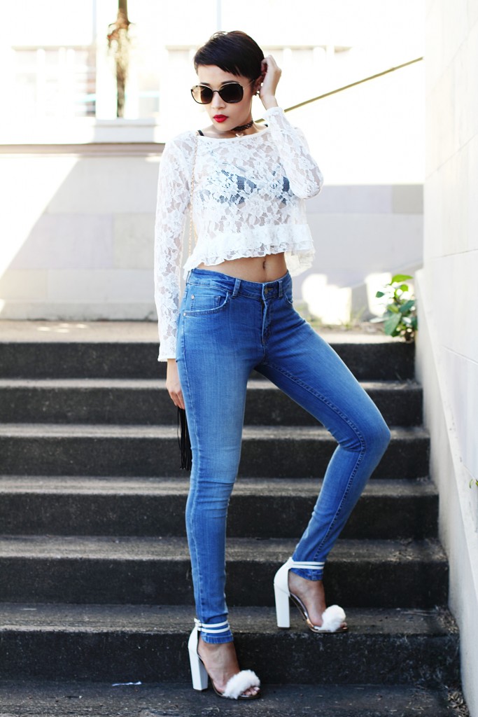 fashion blogger wearing fur shoes and lace top and cotton on THE WANTED DENIM 3