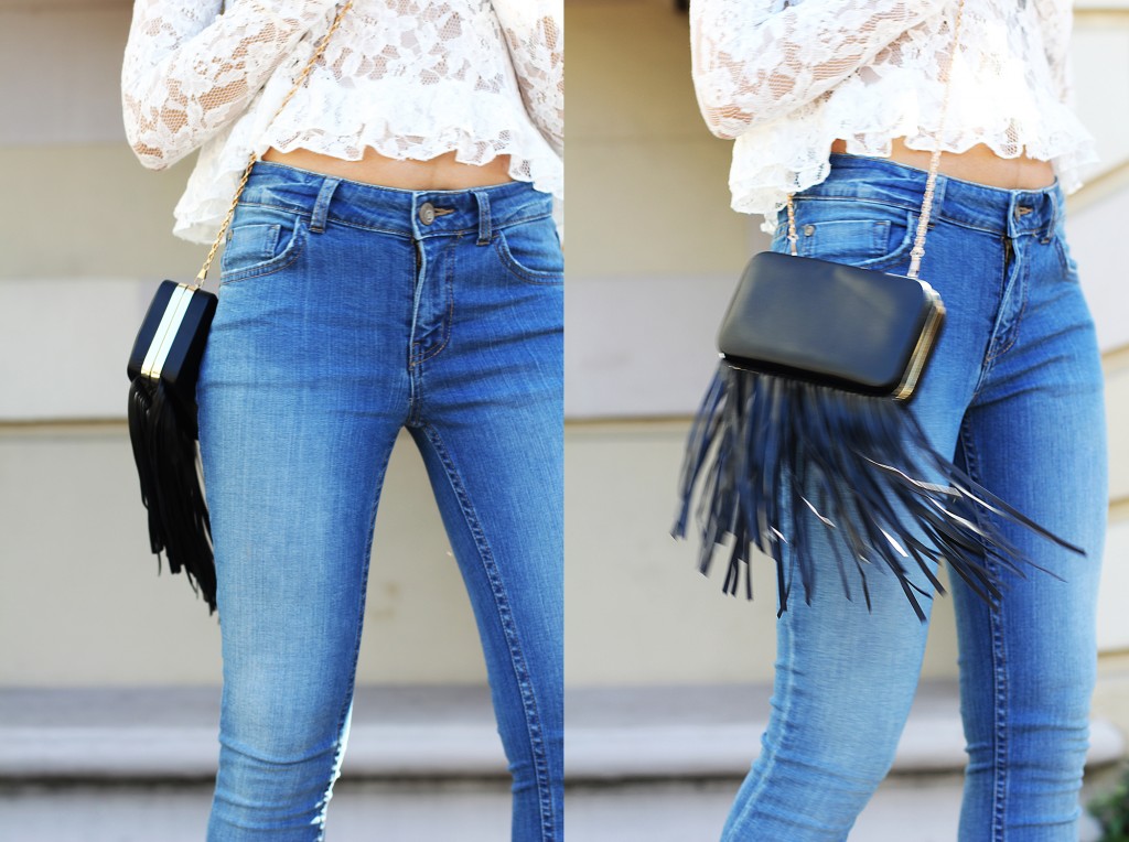 fashion blogger wearing fur shoes and lace top and cotton on THE WANTED DENIM 35